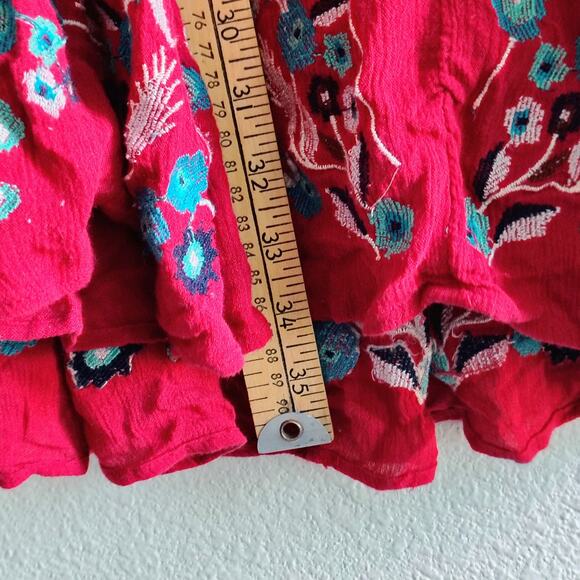Free People Large? Red Embroider TeAmo Bell Sleeve Babydoll Mini Dress Boho READ - Picture 9 of 12